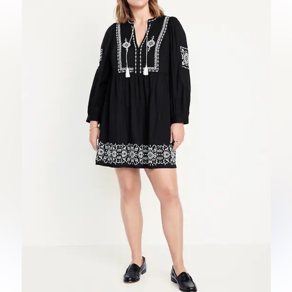 Old Navy Black Dress with White Embroidered Trim